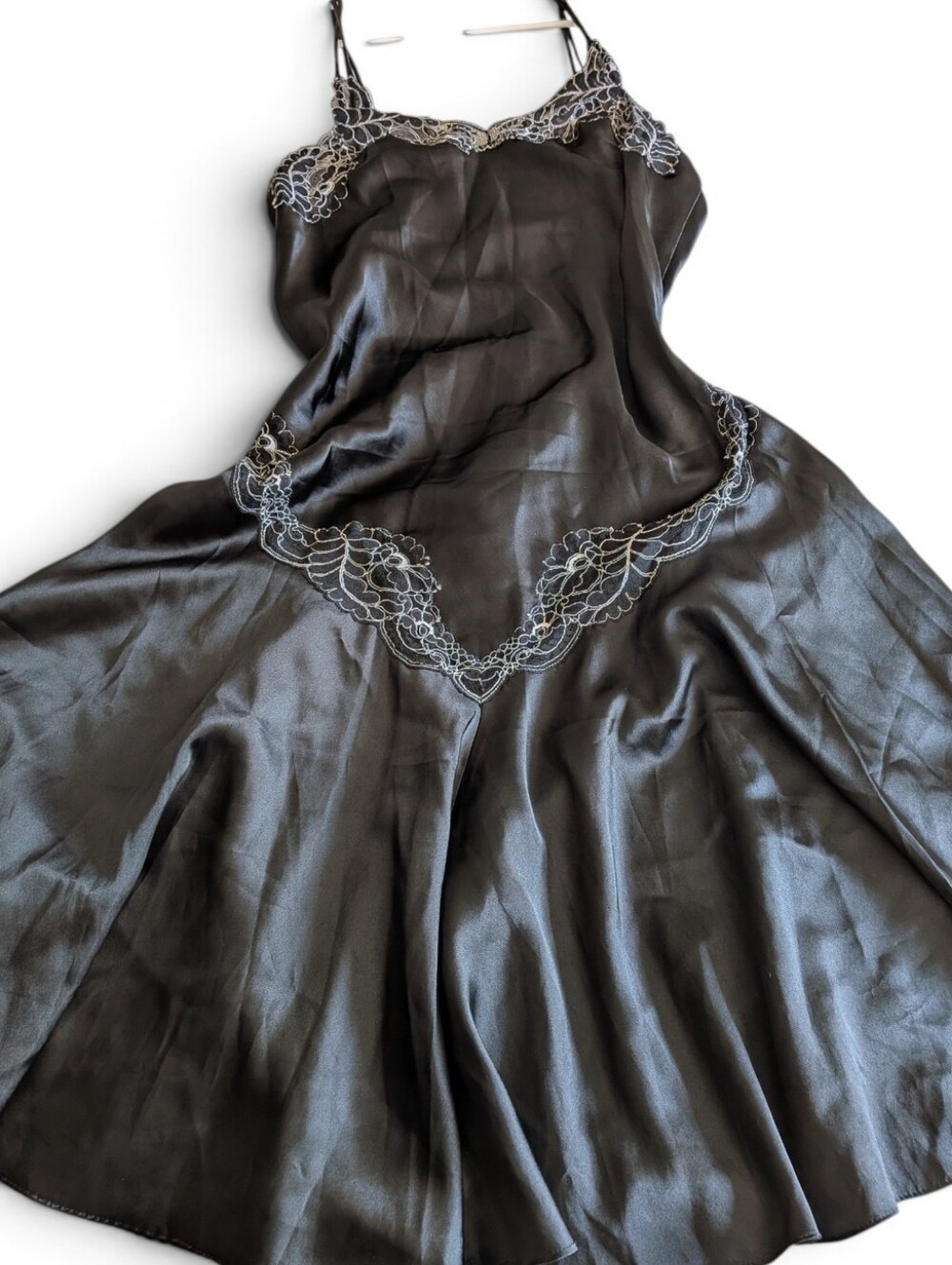 VTG 80s 90s Karessah Liquid Satin Lace Trim Drop Waist Slip Dress L Whimsigoth